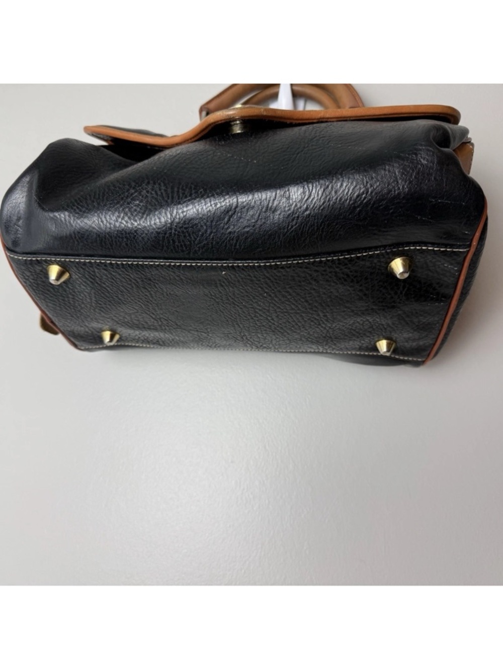 Saint Borse Vintage Satchel Purse Bag Pebbled Faux Leather Black Brown Lined - Picture 6 of 10